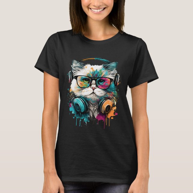 T-shirt Mignonne Chat Portant des lunettes et un casque (Devant)