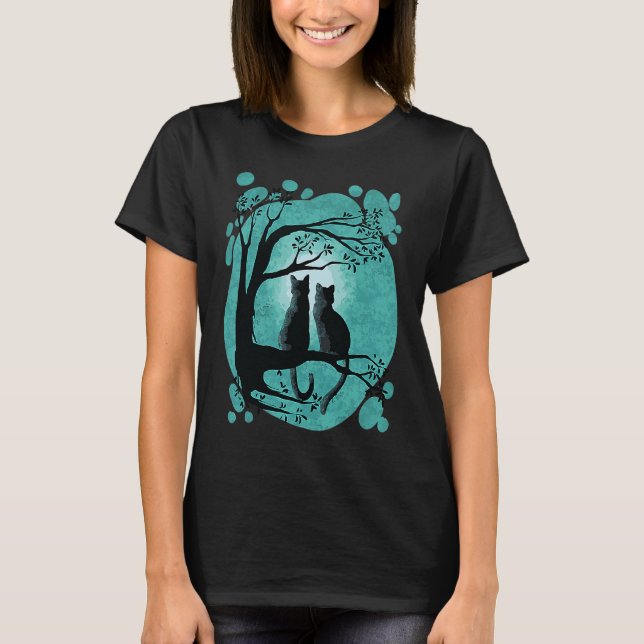 T-shirt Mignonne couple de chats regardant pleine lune (Devant)