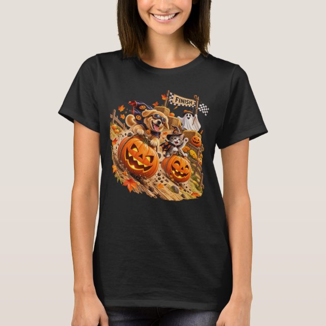 T-shirt Mignonne Course de Citrouille d'Halloween Chien Ch (Devant)