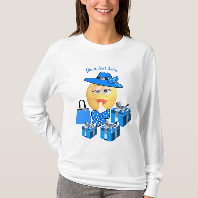 T-shirt Mignonne Emoji mode en bleu avec Shopping (Devant)