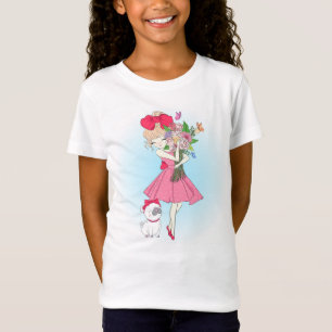 T-Shirt Mignonne Fashion Girl avec Carlin et Fleurs