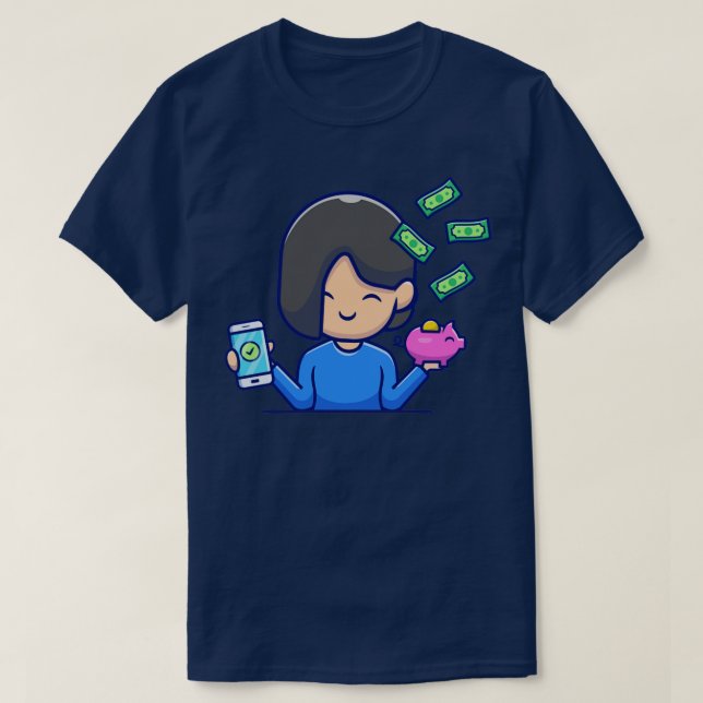 T-shirt Mignonne Fille Porte Téléphone Et Banque De Piggy  (Design devant)