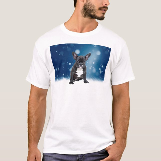 T-shirt Mignonne French Bulldog Etoiles de neige Bleu Noël (Devant)