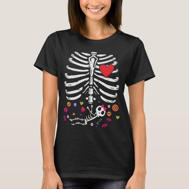 T-shirt Mignonne Halloween Grossesse Squelette Bébé Fille (Devant)
