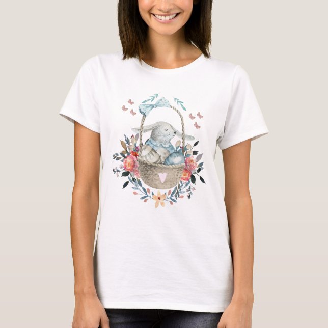 T-shirt Mignonne lapin dans un panier avec des oeufs et de (Devant)