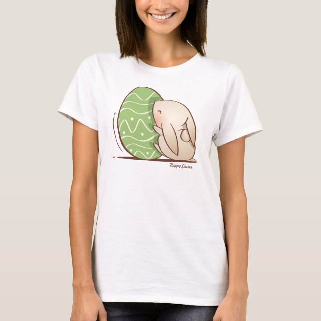 T-shirt Mignonne lapin poussant l'oeuf vert de Pâques (Devant)
