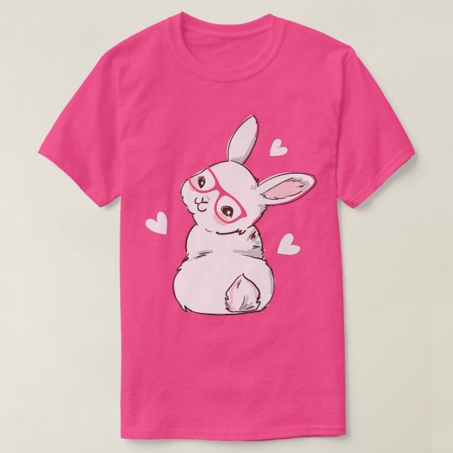 T-shirt Mignonne Lapin Visage rose Fleurs du Coeur Lunette (Design devant)