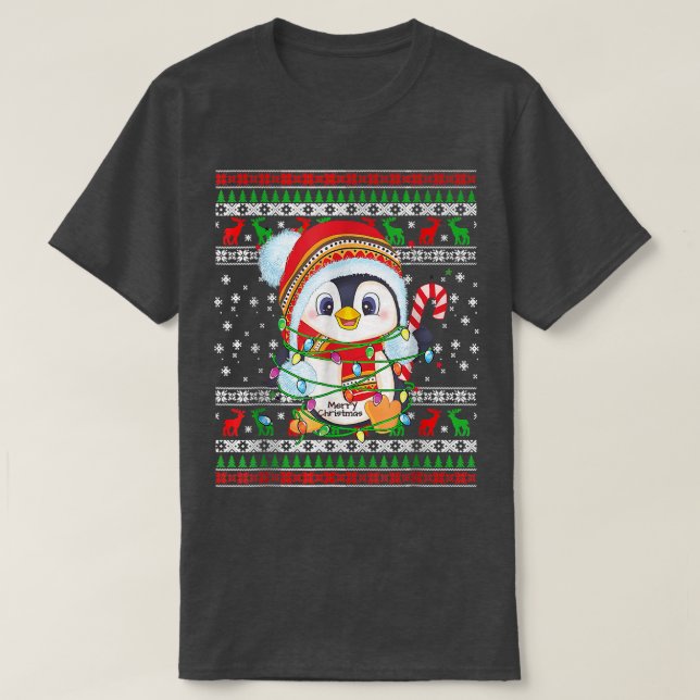 T-shirt Mignonne Pingouin Éclairage Laid De Noël Vilain Po (Design devant)