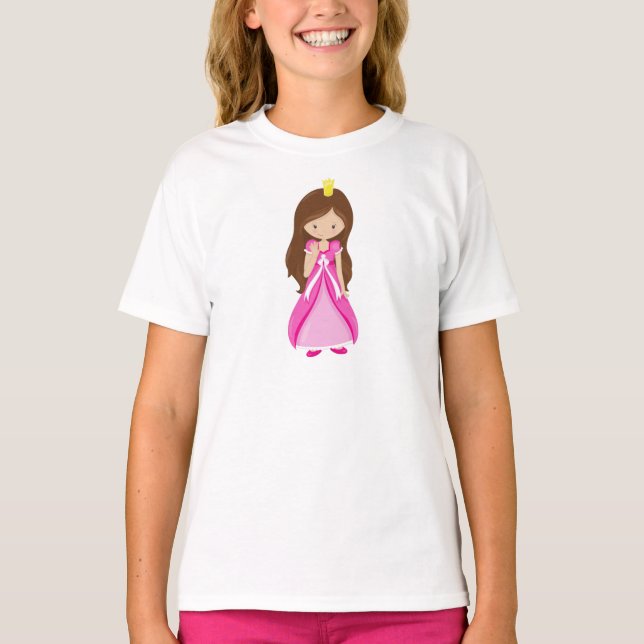 T-shirt Mignonne princesse, Couronne, Cheveux Brown, Robe  (Devant)