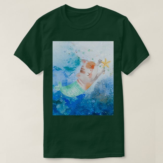 T-shirt Mignonne sirène de chat aquarelle dans la mer (Design devant)