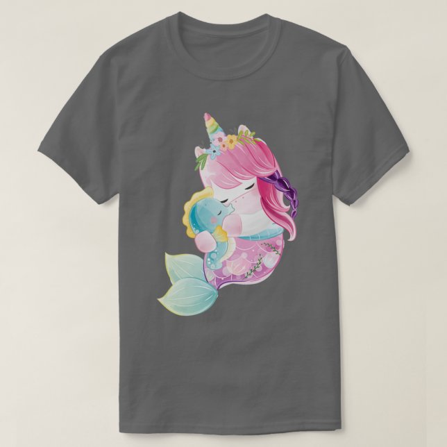 T-shirt mignonne sirène de licorne avec un autocollant d'h (Design devant)