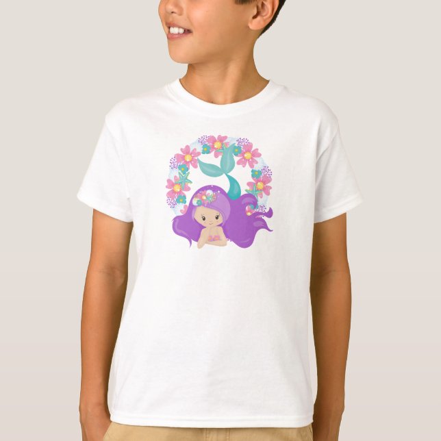 T-shirt Mignonne Sirène, Petite Sirène, Cheveux Violet, Fl (Devant)