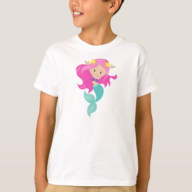 T-shirt Mignonne Sirène, Petite Sirène, Épée, Cheveux Rose (Devant)