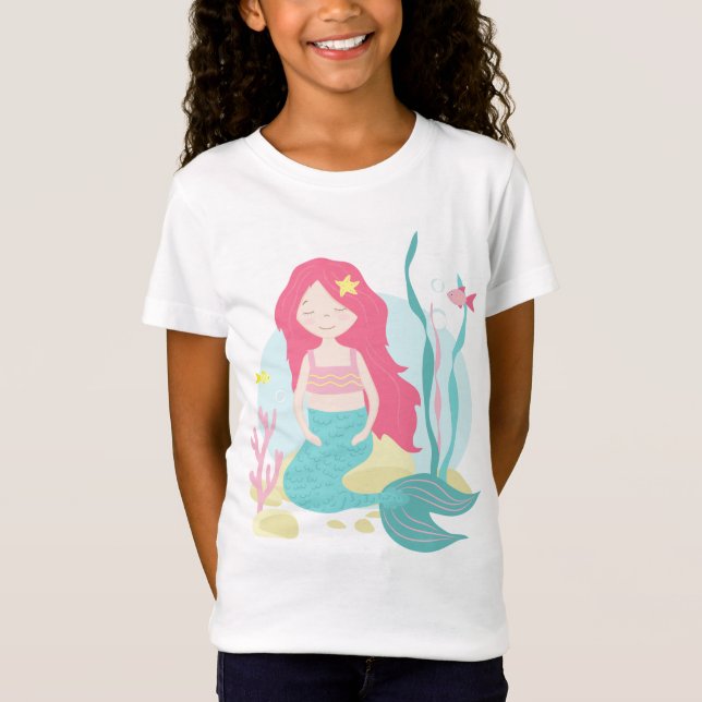 T-Shirt Mignonne Sirène Rose et Menthe (Devant)