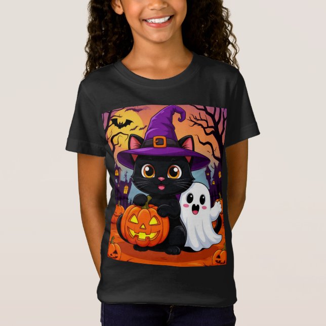 T-Shirt Mignonne sorcière chat noir et fantôme Halloween � (Devant)