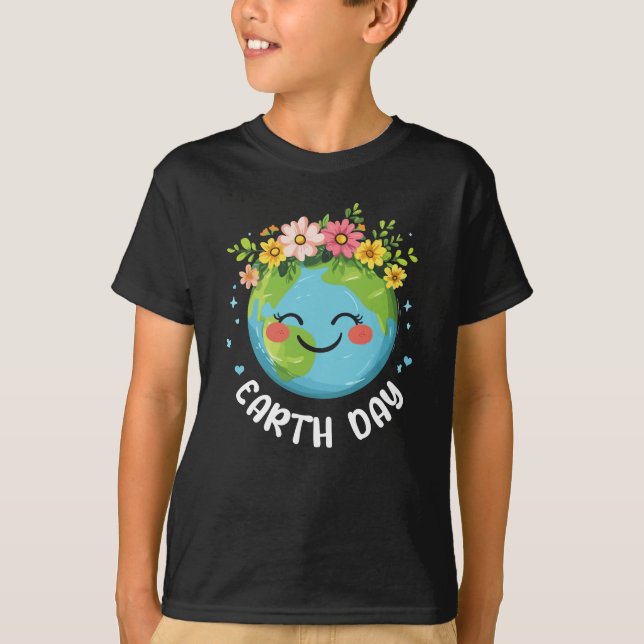 T-shirt Mignonne Terre Avec Floral Happy Jour des terres 2 (Devant)
