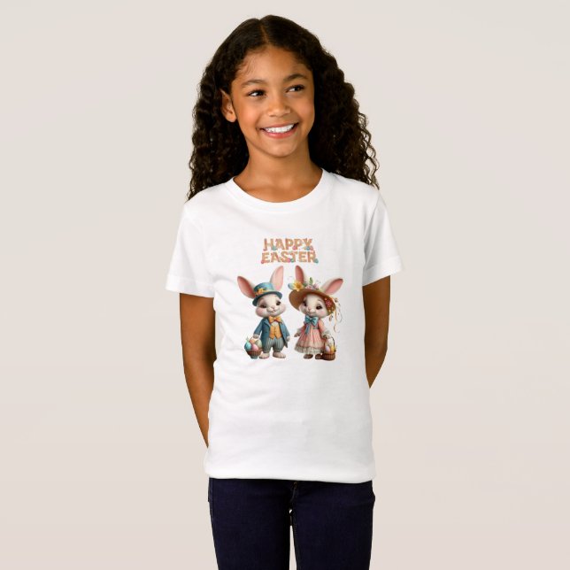 T-Shirt Mignonne, Whimsical Joyeuse Pâques avec 2 lapins (Devant entier)