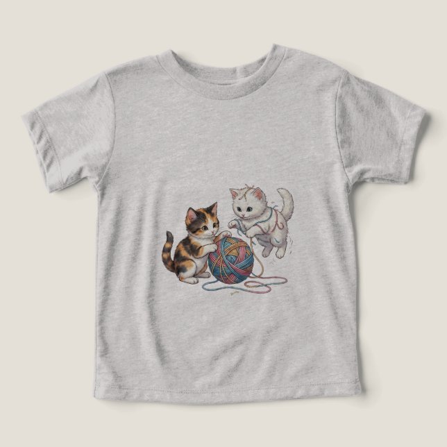 T-Shirt Mignons Chatons Ludiques avec Pelote de La (Design Recto)