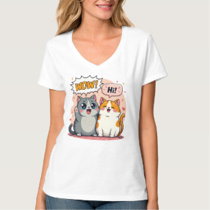 T-shirt Mignons Chats Kawaii Comic Disant Wow et Salut T-