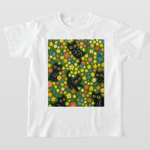 T-shirt Mignons Chats Noirs Motif Floral de Prairie