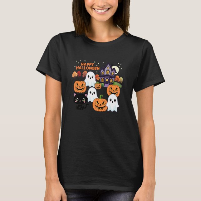 T-shirt Mignons fantômes de maison hantée d'Halloween, cit (Devant)