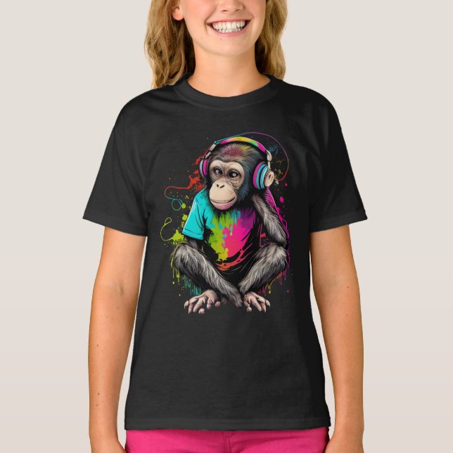 T-shirt Mignons Singe Écouter Musique, Musique Singe Obséd (Devant)