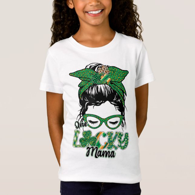 T-Shirt Migny One Lucky Mama Messy Bun Happy St patrick Da (Devant)