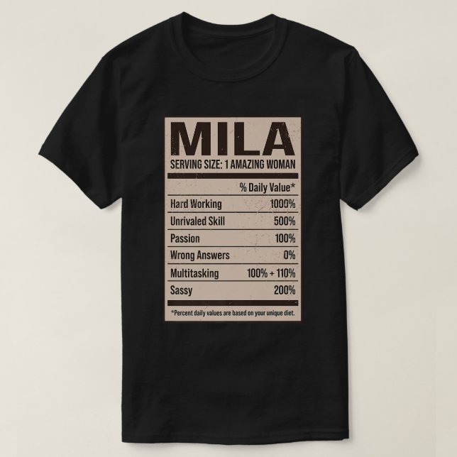 T-shirt Mila Valeur nutritive Nom Pseudo Alias Titre Fri (Design devant)