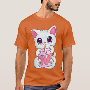 T-shirt Milkshake De Fraise Neko Pour Femmes Filles, Kawai