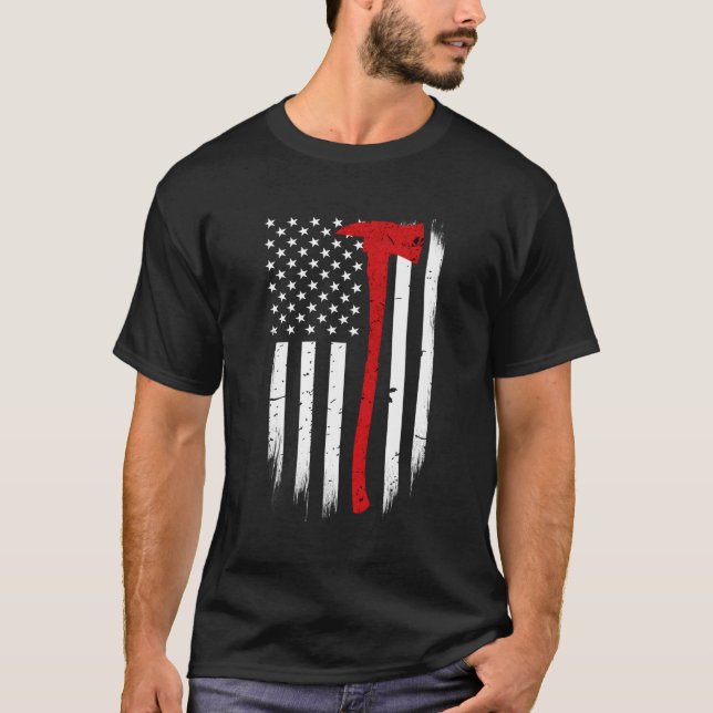 T-shirt Mince Red Line Flag Ax Firefighter Support (Devant)
