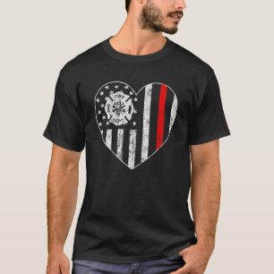 T-shirt Mince Red Line Heart American Flag Firefighter Par