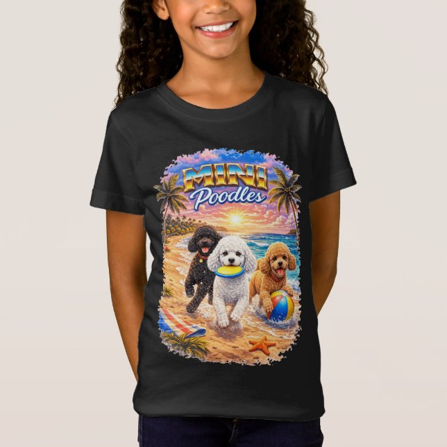 T-Shirt Mini Caniches Vacances à la Plage Coucher de Solei (Devant)