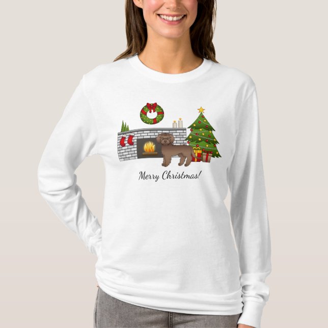 T-shirt Mini Goldendoodle marron - Salle de Noël festive (Devant)