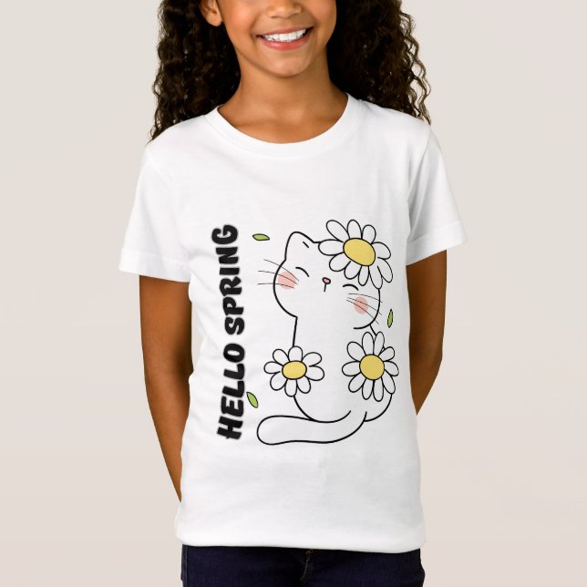 T-Shirt Minimalist Aesthetic Hello Spring Cat & Daisy  (Devant)