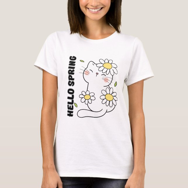 T-shirt Minimalist Aesthetic Hello Spring Cat & Daisy  (Devant)