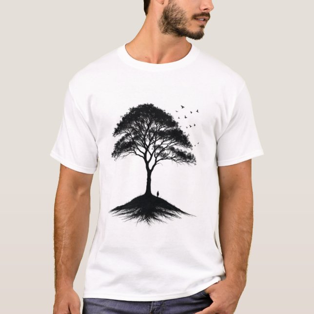 T-shirt minimaliste arbre et oiseaux | (Devant)