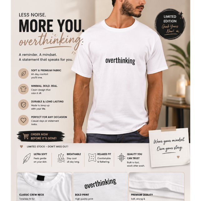 T-shirt minimaliste « Overthinking » pour hommes | (Créateur téléchargé)