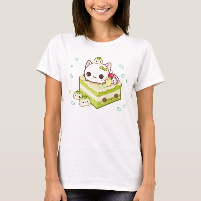 T-shirt Minou mignon de mochi avec le gâteau de thé vert (Devant)