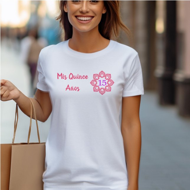 T-shirt Mis Quince Anos Pink Papel Picado Quinceanera (Mis Quince T-shirt from my Mexican Fiesta Flowers Quinceanera Collection)