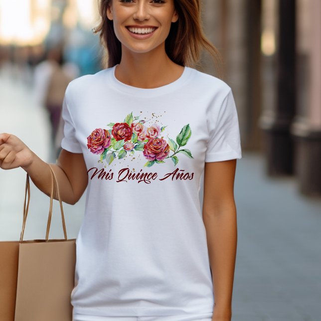 T-shirt Mis Quince Anos Red Roses Floral Quinceanera (Mis Quince birthday t-shirt from my Vintage Floral Red Roses Quinceanera Collection)