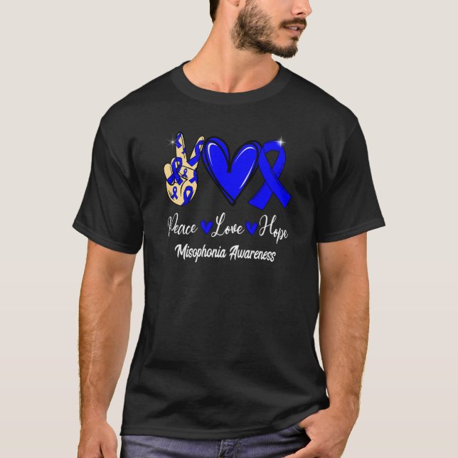 T-shirt Misophonia Awareness Peace Love Hope Blue Ribbon   (Devant)