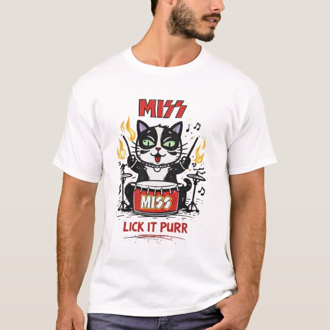 T-shirt MISS – Lick It Purr Drummer Cat Parody (Devant)