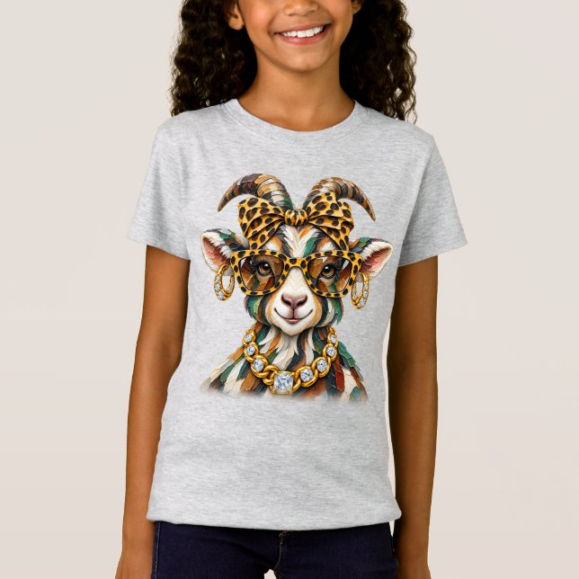 T-Shirt Mode Boujee Chèvre Glamour Léopard Strass (Devant)