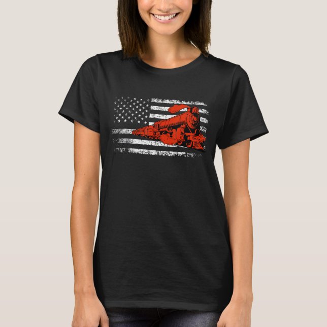 T-shirt Model Railroad Railway Locomotive Train US Flag Ra (Devant)