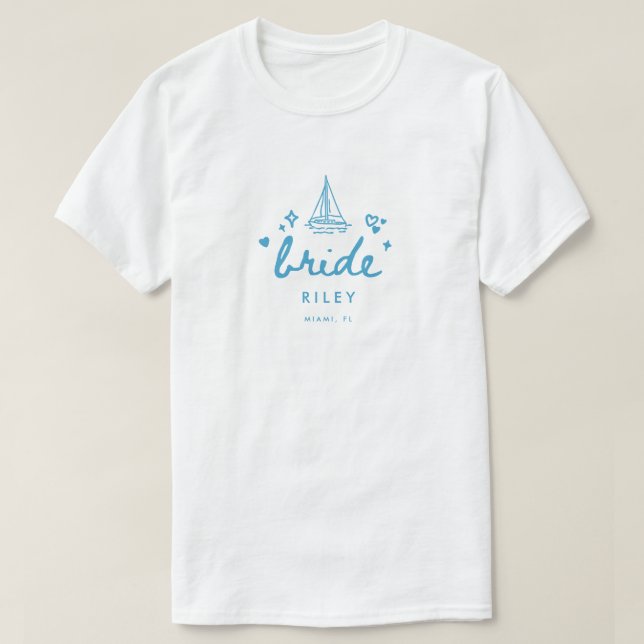 T-shirt Modern Blue Bride's Name Script Lake Bachelorette (Design devant)