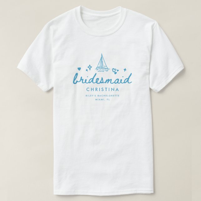 T-shirt Modern Bridesmaid Blue Script Lake Bachelorette (Design devant)