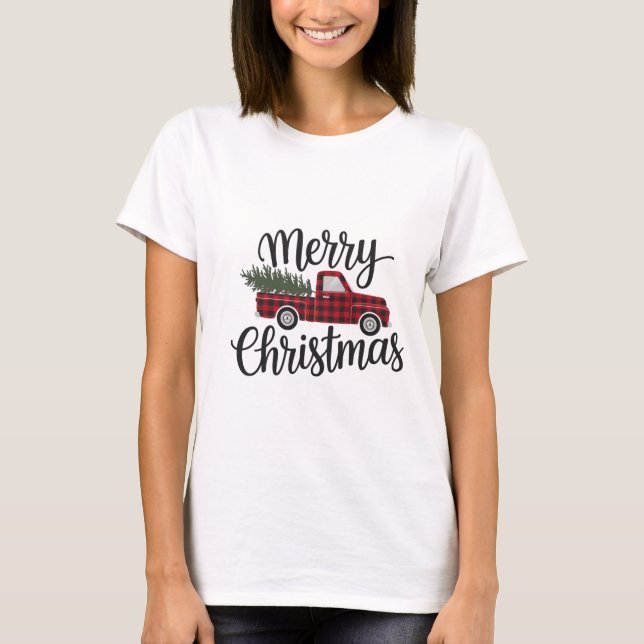 T-shirt Modern Merry Christmas Red Buffalo Plaid Truck     (Devant)