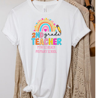 T-shirt Moderne 2e année Rainbow Teacher Nom de l'école