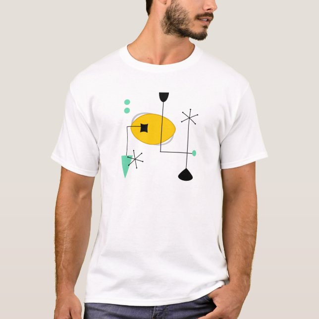 T-shirt moderne bleu jaune simple rétro du milieu du siècl (Devant)