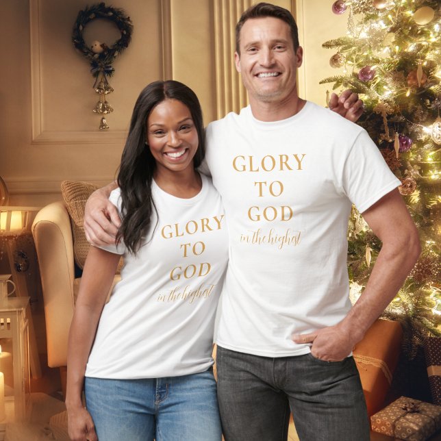 T-shirt Moderne Religieux Chrétien Fondé sur la Foi Or Bla (Modern, faith-based, Christian t-shirt with Glory to God Bible verse in gold and white.)